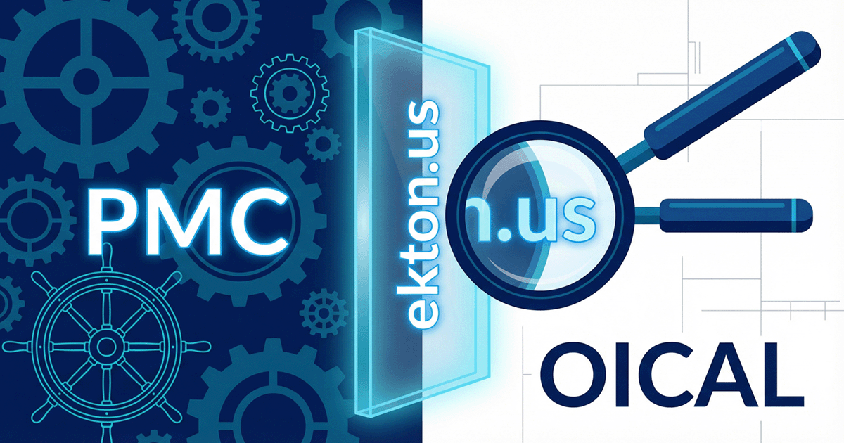 Split-screen infographic showing PMC gears and pilot wheel on the left and an OICAL magnifying glass on the right, separated by a glowing ekton.us firewall.