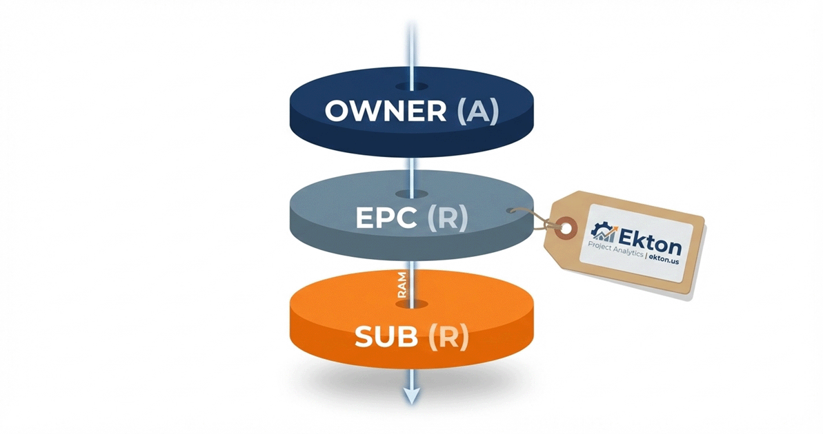 Vertical infographic showing the Responsibility Stack: Owner disc at top marked Accountable, EPC and Subcontractor discs below marked Responsible, connected by a RAM line.